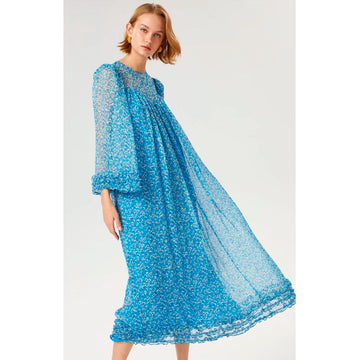 Blue Floral Mini Ruffle Dress