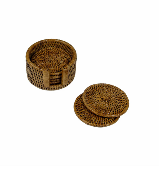 Rattan Round Coaster and Holder Set in Natural - Set of 6 Coasters and 1 Napkin Holder
