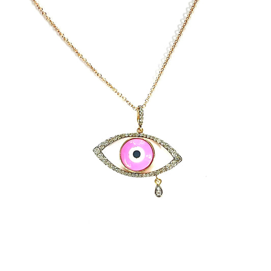 Pink Enamel Eye Champagne Diamond Necklace