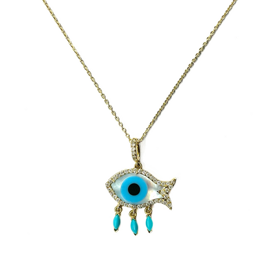 14k Fish Mof Pearl Eye Turquoise Necklace 2637