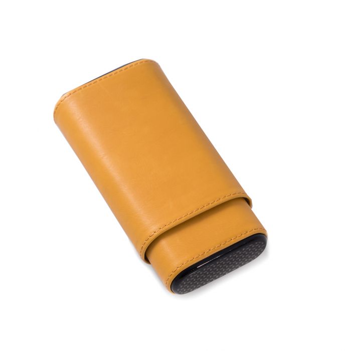 Three Cigar Holder Yellow Leather & Carbon Fiber